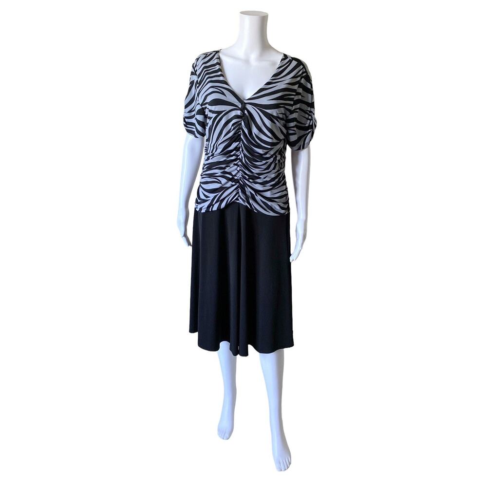 Enfocus Studio Dress Womens 12 Gray Black Animal Print Ruched Midi Blouson